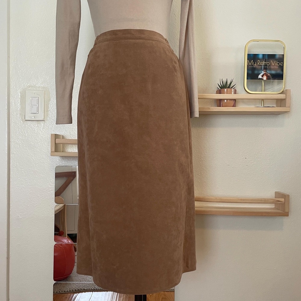 Vintage‎ Faux Suede Midi Skirt – 1970s Camel Brown Ultrasuede